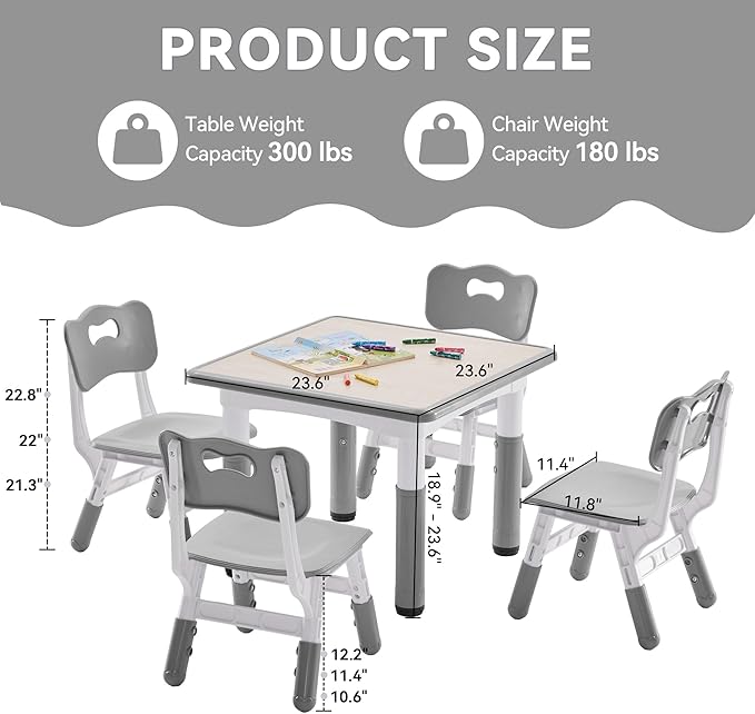 Kids Study Table and Chairs Set, Height Adjustable Toddler Table and Chair Set for Kids Ages 3-8, 23.6" L x 23.6" W Graffiti Desktop Plastic Children Art Table with 4 Seats, W-Grey
