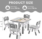 Kids Study Table and Chairs Set, Height Adjustable Toddler Table and Chair Set for Kids Ages 3-8, 23.6" L x 23.6" W Graffiti Desktop Plastic Children Art Table with 4 Seats, W-Grey