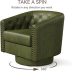 Swivel Barrel Accent Chair,Round Nailhead Faux Leather Living Room Arm Chairs,Modern Upholstered Comfty Reading Nook Chairs for Bedroom,Small Club Armchair,Single Sofa Side Chair,Olive Green