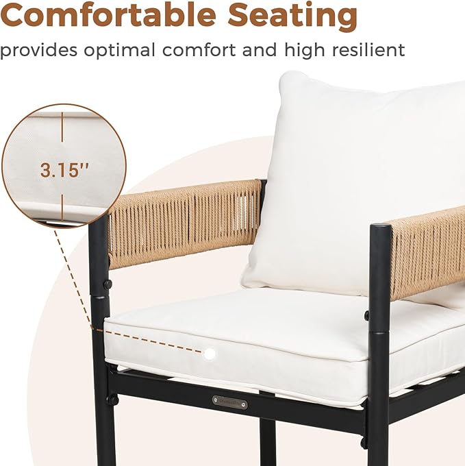 Grand patio 5-Piece Outdoor Dining Set for 4, Metal Woven Wicker Fixed Patio Chairs with Thickened Cushions & 1 Square Woodgrain Dining Table with Umbrella Hole for Backyard Deck (Natural)