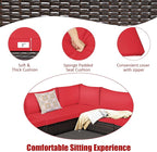 Tangkula 6 Pieces Patio Furniture Set, Outdoor Rattan Sofa Set, Wicker Conversation Set w/Tempered Glass Coffee Table & Cushions, Sectional Sofa Set for Backyard, Garden, Balcony, Poolside (Red)