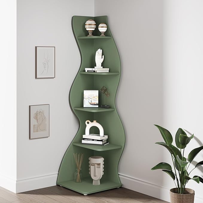 Tribesigns Corner Shelf, Modern 5-Tier Wall Corner Bookshelf, Stylish Corner Small Bookcase Storage Rack Plant Stand with Unique Shape for Living Room, Home Office (Sage Green, 1PC)