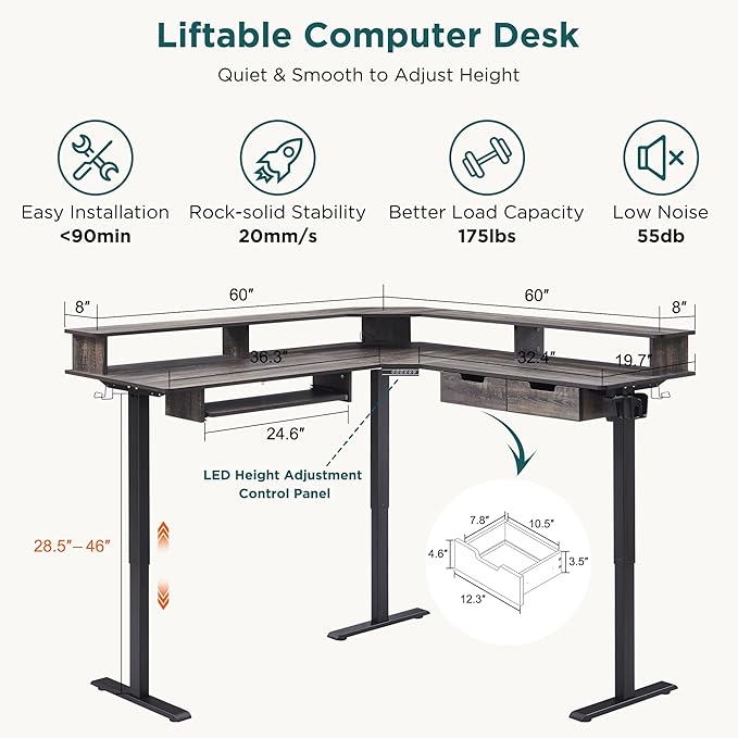 RedLemon 60 Inches L Shaped Electric Standing Desk,Height Adjustable Corner Gaming Desk with Drawers, Keyboard Tray, Power Outlets & LED Lights, Computer Desk with Monitor Shelf, Dark Rustic Oak
