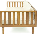 Christopher Knight Home Claremont Outdoor 3 Seater Acacia Wood Daybed with Fabric Water Resistant and Removable Cushions, Patio Garden Poolside Sofa with Slat Paneling Armrest and Back, Teak and Beige