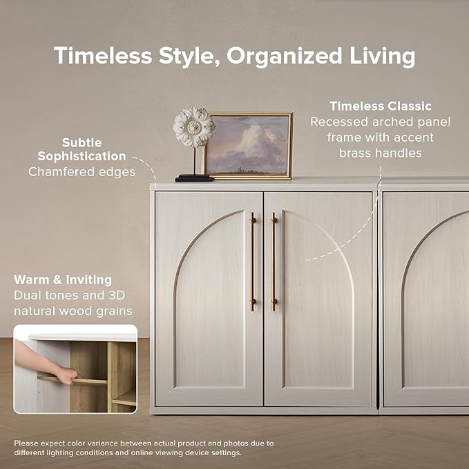 mopio Blake Storage Cabinet, Small Modular Accent Display Sideboard Buffet Cabinet with Storage, Media Console Credenza, for Kitchen, Coffee Bar, Pantry, Living Room (White Oak Arched, Set of 2)