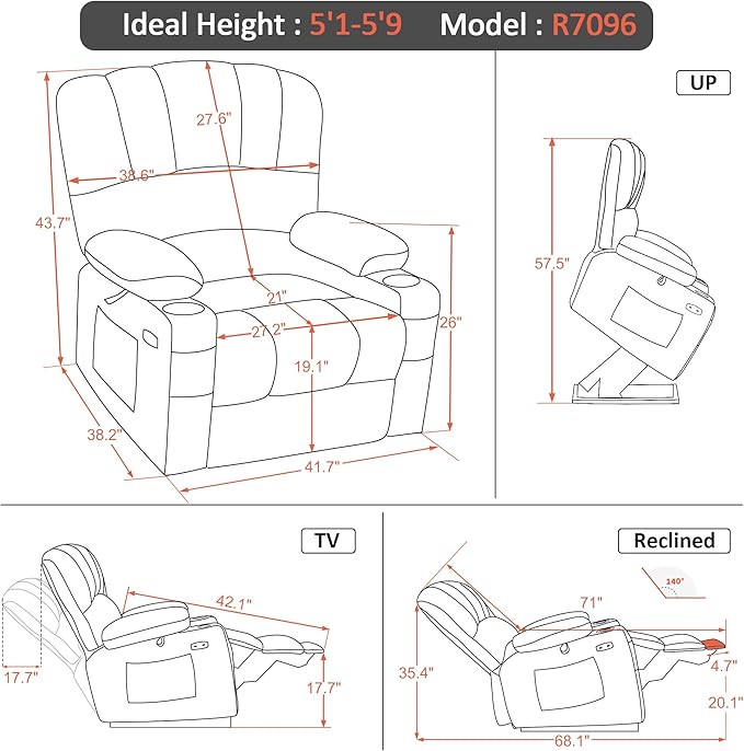 MCombo Power Lift Recliner Chair for Elderly, Lift Chair with Heat and Massage, Extra Wide Lift Recliner for Big People, Faux Leather R7096 (Medium-Wide, Dark Brown)