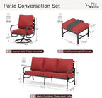 PHI VILLA 5 PCS Patio Furniture - Metal Deluxe Patio Set with 1 x 3 Seater Deep Seating Bench, 2 x Swivel Sofa Chairs & 2 x Metal Cushioned Ottoman, Outdoor for Garden, Red