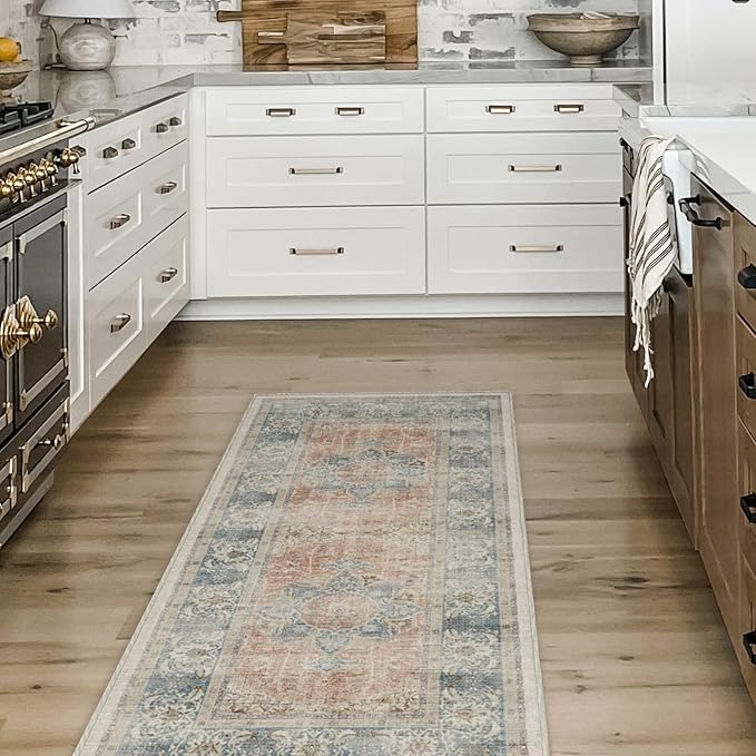 RUGGABLE Washable Vintage Area Rug – Sarrah Coral 3x5, Stain-Resistant, Non-Slip – Small Machine Washable Rugs for Living Room, Bedroom, Hallway, Entryway & Office–with Standard Pad