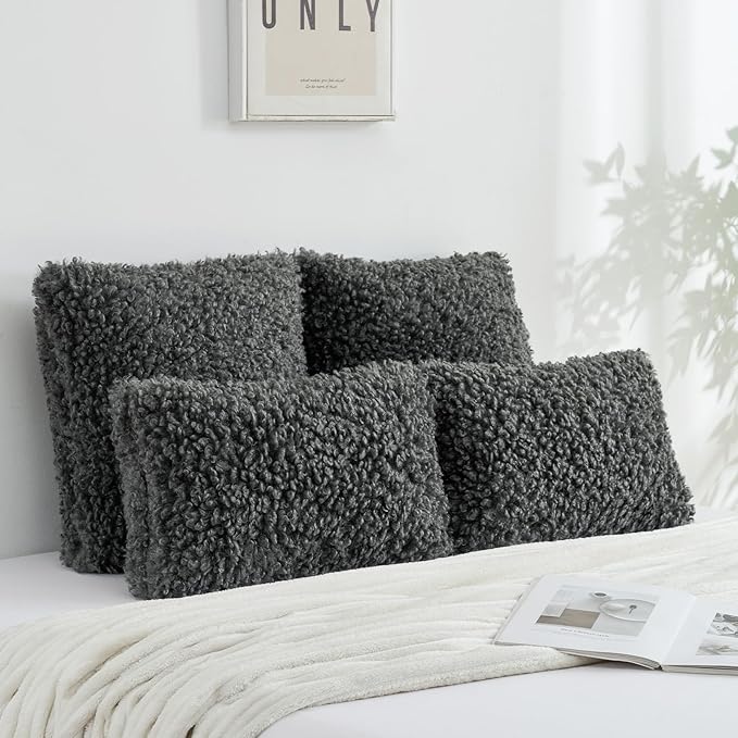 FUTEI Dark Grey Decorative Throw Pillow Covers 18x18 Inch Set of 2,Soft Fluffy Faux Wool Fur Boucle Textured Cushion Case,Modern Home Decor for Couch Bed Living Room Office