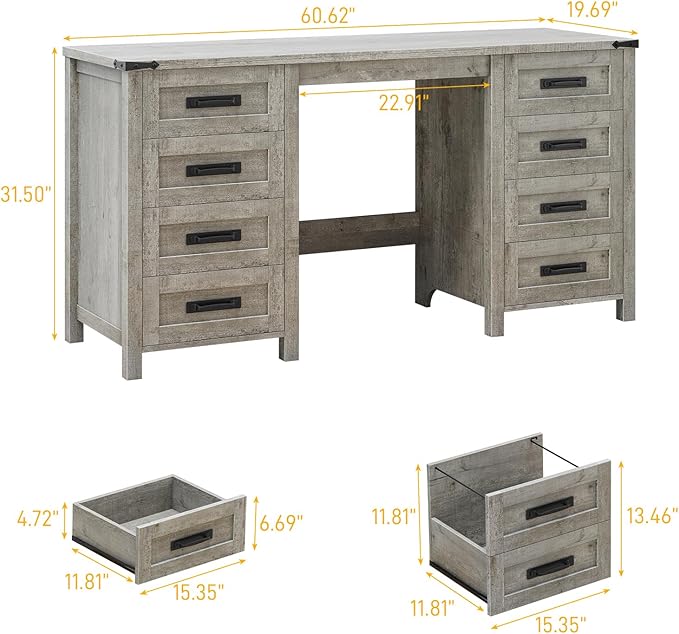 Vabches Farmhouse 60.6” Executive Desk with 7 Drawers, Computer Desk with File Drawer for Hanging Files A4, Workstation for Home Office, Study.Grey