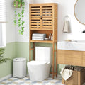 Tangkula Over The Toilet Storage Cabinet, Bamboo Bathroom Space Saver with 2 Doors, Adjustable Bottom Bar, Open Shelf, Freestanding Bathroom Cabinet Organizer Above Toilet for Restroom, Laundry Room