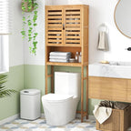 Tangkula Over The Toilet Storage Cabinet, Bamboo Bathroom Space Saver with 2 Doors, Adjustable Bottom Bar, Open Shelf, Freestanding Bathroom Cabinet Organizer Above Toilet for Restroom, Laundry Room