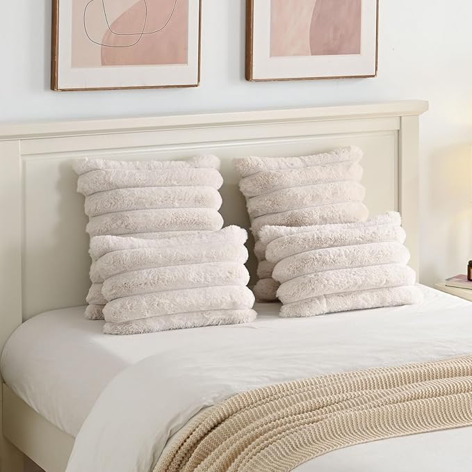 FUTEI Beige Decorative Throw Pillow Covers 20x20 Inch Set of 2, Square Soft Faux Rabbit Fur Thick Striped Cushion Cover,Winter Home Decor for Couch Bed Living Room