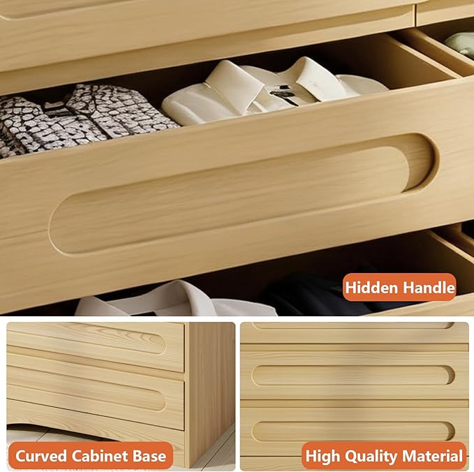 Dresser for Bedroom with 9 Drawers, 63" Large Modern Dressers & Chest of Drawers with Curved Profile Design, Wood Closet Clothes Storage Long Dressers Organizer for Bedroom Living Room Hallway, Oak