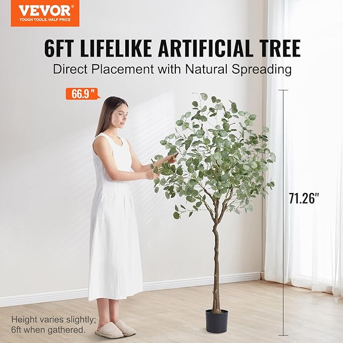 VEVOR Artificial Eucalyptus Tree, 6 FT Faux Plant, Secure PE Material & Anti-Tip Tilt Protection Low-Maintenance Plant, Lifelike Green Fake Potted Tree for Home Office Christmas Decor Indoor Outdoor