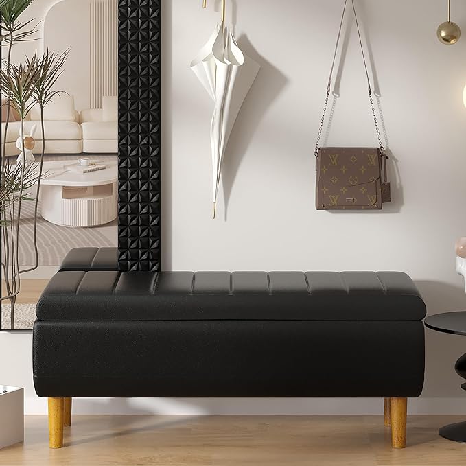 VECELO Storage Ottoman, Storage Bench with 2 Machined Gas Spring Lid Supports, PU Leather Upholstery & Solid Wood Legs, Black Ottoman Bench for Bedroom, Living Room, Entryway, 44.5"