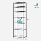 SONGMICS 7-Tier Storage Unit, Wire Shelving, Kitchen Metal Rack With Adjustable Shelves, Shelf Liners, 8 Hooks, for Garage, 13.4 x 23.2 x 70.9 Inches, Black ULGR067B01