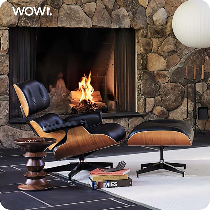 Top Black Grain Leather, Mid Century Chaise Lounge Chair and Ottoman, Modern Chair Classic Design, Walnut Wood, Heavy Duty Base Support for Living Room Office