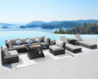 NICESOUL 11 Piece Outdoor Patio Sectional Set with Fire Pit Natural Gas/Propane, 29.3'' High Back Comfy Wicker Conversation Furniture Set w/Chaise Lounge, 8 Seat XL Big Deep Couch for Backyard,Grey