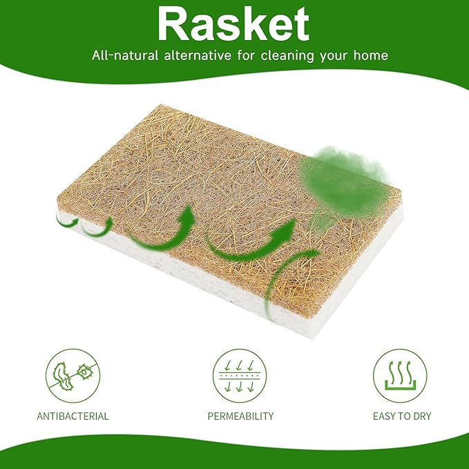 10 Pack Biodegradable Natural Sponges Kitchen - Compostable Cellulose and Coconut Walnut Scrubber Sponge - Eco Friendly Sponges for Dishes