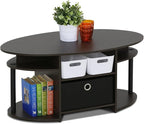 Furinno Jaya Simple Design Oval Coffee Table with Bin for Living Room, Walnut
