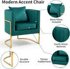 Velvet Modern Accent Chairs Set of 2, Upholstered Barrel Armchair Mid Century with Pillow for Living Room, Comfy Single Vanity Chair with Metal Gold Legs for Bedroom, Green