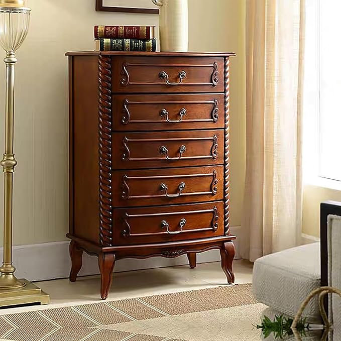 Fully Assembled Solid Wood 5 Drawer Dresser for Bedroom Tall Chest of Drawers Wood Storage Dresser with Metal Handle for Living Room Hallway Entryway, 15.74" D x 24" W x 37.4" H, Walnut