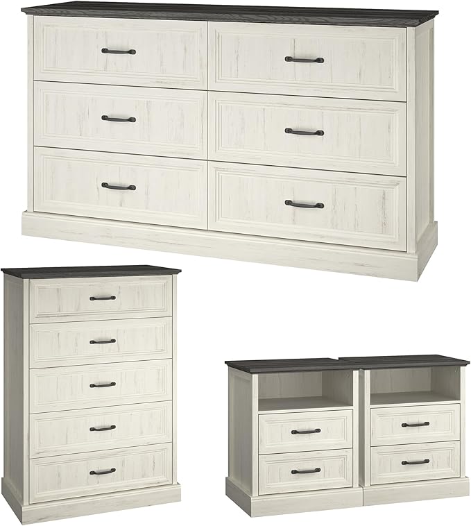 Farmhouse Dresser and Nightstand Sets, 4Pcs Bedroom Furniture Set, Nightstand Set of 2 & 55" Wide 6 Drawer and 44" Tall 5 Drawer Dresser with Large Drawers & Bar Handles, White
