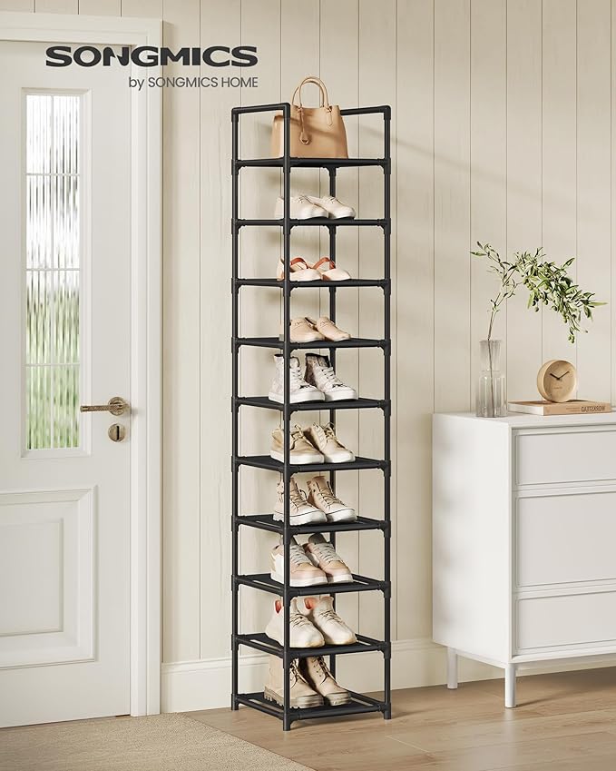 SONGMICS Shoe Rack, 10-Tier Shoe Shelf, Shoe Storage Organizer, 13 x 13 x 68 Inches, Metal Frame, Non-Woven Fabric Shelves, for Entryway, Bedroom, Black ULSR110B02