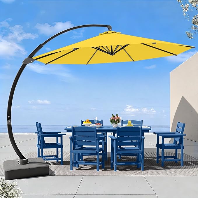 7 Piece Patio Dining Set with 11ft Patio Umbrella (Yellow), 7 Navy Outdoor HDPE Dining Set with 6 Chairs + 1 Large Table with 2" Umbrella Hole, for Market, Pool, Garden, Backyard, Deck