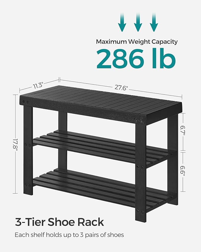 SONGMICS Shoe Rack Bench, 3-Tier Bamboo Shoe Storage Organizer, Entryway Bench, Holds Up to 286 lb, 11.3 x 27.6 x 17.8 Inches, for Entryway Bathroom Bedroom, Ink Black ULBS04H
