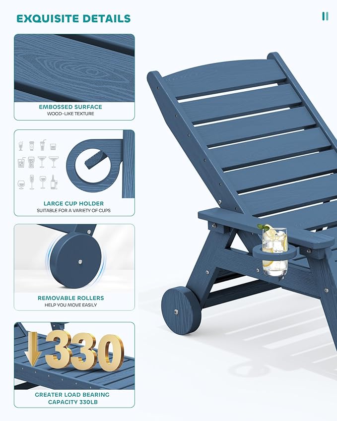 SERWALL Patio Chaise Lounge Chair Set of 6, 5 Positions Adjustable Poly Outdoor Lounger for Pool, HDPE Lounge Chair with Rolling Wheels & Cup Holder for Poolside, Deck, Blue