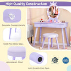 Costzon Kids Vanity, Girls Vanity Set with Mirror and Stool and Lights, Drawer, 2 in 1 Wooden Makeup Vanity Desk Dressing Table, Kids Vanity Table and Chair Set (Violet)