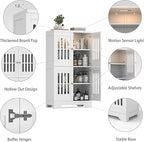 PARTPHONER Bathroom Floor Storage Cabinet with Cabinet Lights, Modern Storage Cabinet with 4 Doors and Adjustable Shelves, Buffer Hinges, White Pantry Cabinet for Living Room & Kitchen