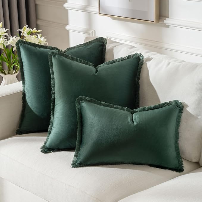 FUTEI Christmas Army Green Velvet Decorative Throw Pillow Covers 12x20 Set of 2,Soft Cozy Edge with Tassels Lumbar Pillow Cases,Boho Modern Home Decor for Couch Bed Living Room
