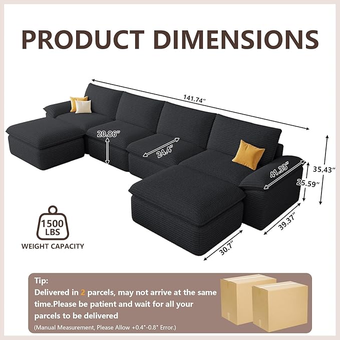 113.03" Sectional Couches for Living Room Modern Modular Sofa Couchs Upholstered Corduroy Boneless Couch Deep Seat Cloud Couch with Ottoman, No Assembly Required, Black