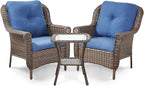 3 Piece Patio Brown Wicker Chairs with Side Table - Outdoor High Back Heavy Duty All-Weather Lawn Dining Rattan Chair Conversation Bistro Set for Deck Porch Balcony Backyard Garden - Navy Blue