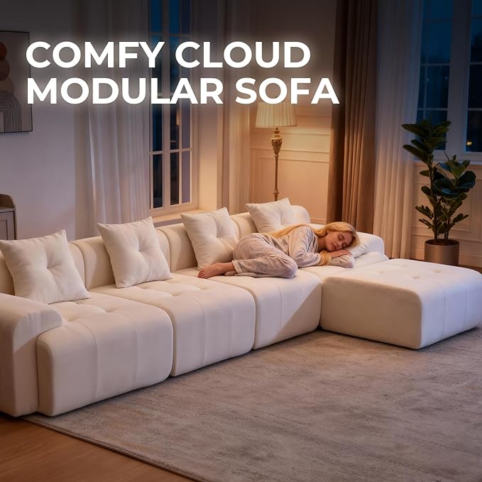 101.65” Modular Sectional Couch for Living Room, Modren L-Shape Cloud Sectional 3-Seater Sofa with Movable Ottoman, Woven Texture Upholstery Boneless Couch, No Assembly Grey, Beige