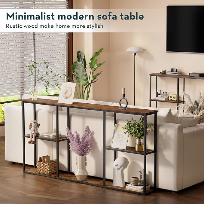 WOHOMO Console Table,3-Tier Small Entryway Tables,Narrow Sofa Table for Hallway,Rustic Brown(63 inch)