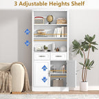 72'' Tall Bookcase with Doors and Drawers, Adjustable Shelves, P2 MDF Construction, 32'' Wide Freestanding Cabinet with Metal Handles, Hidden Storage for Living Room, Bedroom, White