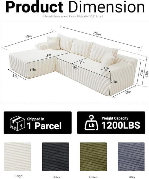 108 Inch Cloud Sectional Couch,Modern Modular Sectional Sofa with Deep Seat,Corduroy Boneless Couches with L-Shape Chaise for Living Room,No Assembly Required (Beige, Left Facing Chaise)