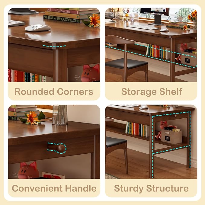 70.86" Long Solid Wood Desk with 3 Drawers Home Office Computer Desk Mid Century Modern Large Study Writing Desk Simple Real Wood Desk Study Table Workstation, Walnut