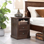 21" Tall Nightstand with Charging Station, Farmhouse 18" Wide End Table with 2 Storage Drawers, Wood Rustic Side Table w/Open Shelf for Bedroom, Living Room, Closet, Brown