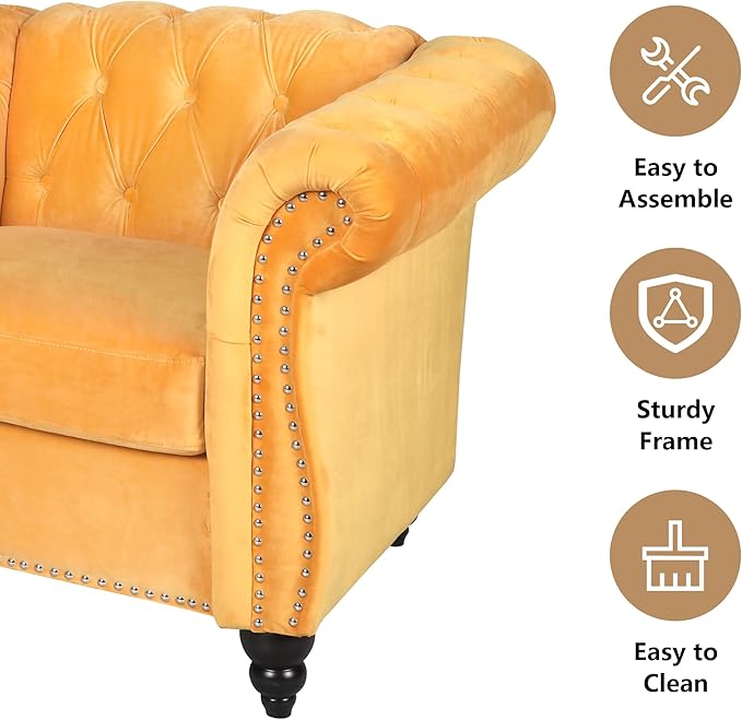 Velvet Sofa Couches Set, 3-Piece Mid Century Modern Upholstered Couch with Cushions, Home Sofa Sectional Furniture Sets, Comfy Tufted Chesterfield Couches for Living Room, Bedroom, Office