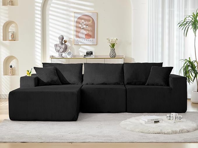 107" Cloud Sectional Couch, Modular Sectional Sofa with L-Shape Chaise, Corduroy Boneless Couch with Deep Seat, Upholstered Sofa for Living Room, No Assembly Required(Left-Facing Chaise, Black)