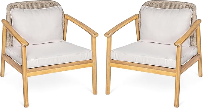 Christopher Knight Home Octavia Outdoor Club Chairs Set of 2, Acacia Wood Accent Chair with Cushion, Woven Rope Backrest Armchair, Solid Wood Frame Chair, Patio Chair for Porch Backyard, Beige+Teak