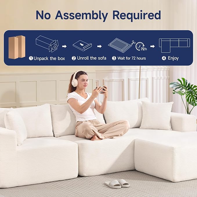2025 New 108" Cloud Couch Sectional, Modular Sectional Sofa with L-Shaped Chaise, Deep Seat Sectional Modular Couch for Living Room, No Assembly Required (Beige, Chaise Ottoman)