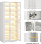 Tribesigns Tall Shoe Storage Cabinet with Acrylic Doors and LED Lights, 8-Tier Entryway Shoe Organizer Rack with Adjustable Shelves and Hanging Hooks for Narrow Closet, Hallway, Living Room, White