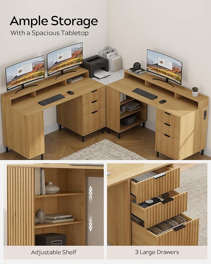 Fluted Executive Desk with Storage Shelf & File Drawer, 55" Modern Wood Office Desk with Monitor Stand & Charging Station, Home Writing Study Computer Table for Work Study, Natural Oak