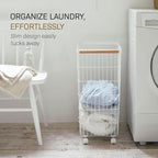 Yamazaki Home Wire Slim Saving Rolling Wheeled Clothing Hamper | Steel + Wood | Laundry Basket, One Size, White